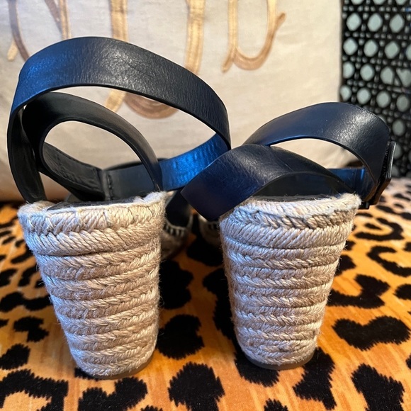 TORY BURCH Navy Cream Frieda Platform Wedge Espadrille Sandals Leather - Picture 5 of 8